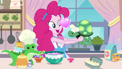 Size: 1280x720 | Tagged: safe, screencap, gummy, pinkie pie, tank, better together, equestria girls, the craft of cookies, chef's hat, egg (food), floating heart, food, hat, heart, kiss on the cheek, kissing, kitchen, platonic kiss