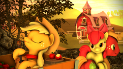 Size: 3840x2160 | Tagged: safe, artist:apexpredator923, apple bloom, applejack, big macintosh, earth pony, pony, 3d, apple, cart, food, guitar, sunset