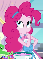 Size: 387x524 | Tagged: safe, screencap, gummy, pinkie pie, better together, equestria girls, the craft of cookies, apron, clothes, cropped, cute, diapinkes, female, finger in mouth, kitchen