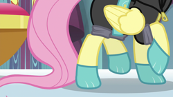 Size: 1280x720 | Tagged: safe, screencap, fluttershy, pegasus, pony, sparkle's seven, clothes, costume, dangerous mission outfit, female, goggles, hoodie, legs, mare, pictures of legs, solo