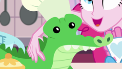 Size: 1280x720 | Tagged: safe, screencap, gummy, pinkie pie, better together, equestria girls, the craft of cookies, plushie, the pet of mystery