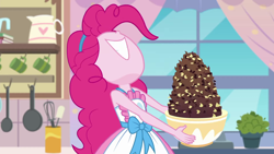 Size: 1920x1080 | Tagged: safe, screencap, pinkie pie, better together, equestria girls, the craft of cookies, apron, bowl, chocolate, clothes, curtains, cute, diapinkes, female, food, grin, kitchen, plant, ponk, smiling, window
