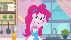 Size: 1920x1080 | Tagged: safe, screencap, pinkie pie, better together, equestria girls, the craft of cookies, apron, armpits, clothes, curtains, cute, diapinkes, female, happy, kitchen, pinkie's kitchen, pinkie's magic hair, raised arms, smiling, window