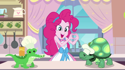 Size: 1920x1080 | Tagged: safe, screencap, gummy, pinkie pie, tank, better together, equestria girls, the craft of cookies, apron, clothes, cute, diapinkes, happy, heart hands, kitchen, smiling