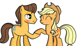 Size: 1698x1027 | Tagged: safe, artist:meandmyideas, applejack, caramel, earth pony, pony, bedroom eyes, blushing, carajack, eyes closed, female, holding hooves, male, shipping, simple background, straight, transparent background, vector