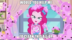 Size: 888x499 | Tagged: safe, edit, edited screencap, screencap, pinkie pie, better together, equestria girls, the craft of cookies, apron, bedroom eyes, clothes, curtains, food, frosting, grammar error, kitchen, lidded eyes, looking at you, window