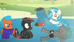 Size: 3840x2160 | Tagged: safe, artist:agkandphotomaker2000, dj pon-3, vinyl scratch, oc, oc:arnold the pony, oc:pony video maker, oc:taylor the pony, oc:wrath, pony, canon x oc, clothes, group, lake, relaxing, skinny dipping, splashing, swimming, swimsuit, swimsuit theft, videoscratch