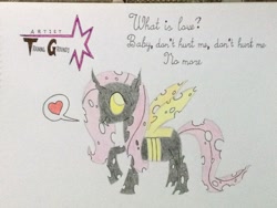 Size: 3264x2448 | Tagged: safe, artist:don2602, fluttershy, changeling, changelingified, cute, flutterling, haddaway, heart, newbie artist training grounds, solo, song reference, species swap, traditional art, what is love, yellow changeling