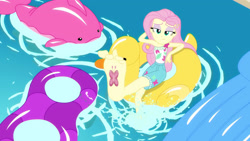 Size: 2048x1152 | Tagged: safe, edit, edited screencap, editor:sonic ranger, screencap, fluttershy, better together, equestria girls, i'm on a yacht, barefoot, element of kindness, feet, flutterfeet, foot focus, soles, solo, tattoo, wiggling toes
