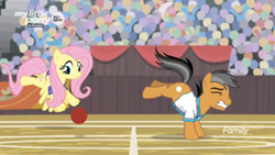 Size: 1366x768 | Tagged: safe, screencap, fluttershy, quibble pants, earth pony, pegasus, pony, common ground, audience, ball, buckball, crowd, discovery family logo, fail, field