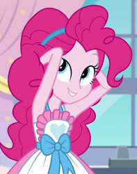 Size: 520x659 | Tagged: safe, screencap, pinkie pie, better together, equestria girls, the craft of cookies, apron, armpits, clothes, cropped, cute, diapinkes, female, pinkie's magic hair, smiling, solo