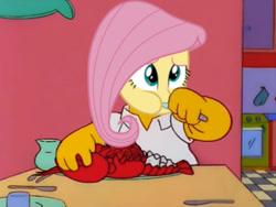 Size: 1005x754 | Tagged: safe, edit, edited screencap, screencap, fluttershy, lobster, pony, equestria girls, equestria girls (movie), eating, homer simpson, ponies eating seafood, solo, the simpsons