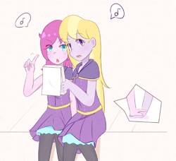 Size: 1024x932 | Tagged: safe, artist:yuck, fuchsia blush, lavender lace, equestria girls, background human, colored pupils, female, fuchsiavender, holding hands, lesbian, looking at you, shipping, simple background, singing, white background