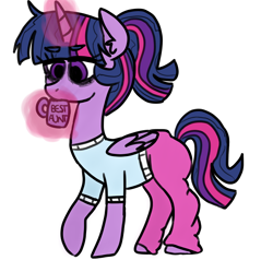 Size: 838x799 | Tagged: safe, artist:sodaaz, twilight sparkle, twilight sparkle (alicorn), alicorn, pony, bags under eyes, best aunt ever, clothes, coffee, coffee mug, ear fluff, magic, mug, pajamas, pants, ponytail, shirt, simple background, solo, t-shirt, white background