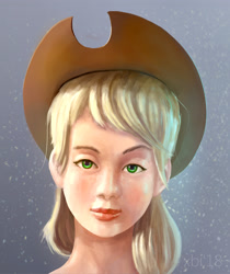 Size: 2261x2691 | Tagged: safe, artist:xbi, applejack, human, bust, hat, humanized, looking at you, portrait, raised eyebrow, realistic, solo, uncanny valley