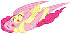 Size: 3464x1732 | Tagged: safe, artist:anext, artist:misterdavey, fluttershy, pinkie pie, pegasus, pony, curly mane, curly tail, deviantart, eyes closed, hug, long mane, long tail, open mouth, pink mane, pink skin, pink tail, smile hd, smiling, wings