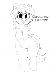 Size: 1280x1687 | Tagged: safe, artist:pabbley, oc, oc only, oc:peanut bucker, pony, 30 minute art challenge, belly button, bipedal, dialogue, female, mare, monochrome, open mouth, simple background, solo, white background