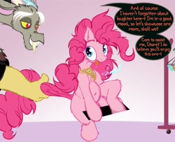 Size: 1536x1249 | Tagged: safe, artist:frist44, discord, pinkie pie, earth pony, pony, comic:panty shopping with discord, belly button, big crotchboobs, carousel boutique, censor bar, censored, clothes, clothes hanger, clothes rack, comic, crotchboobs, dialogue, female, mare, nudity, panties, standing, tail, tail pull, tongue out, underwear