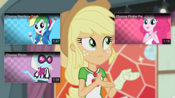 Size: 1920x1080 | Tagged: safe, screencap, applejack, better together, constructive criticism, equestria girls, broken hand, choose photo finish, choose pinkie pie, choose rainbow dash, cyoa, fourth wall, geode of sugar bombs, geode of super speed, geode of super strength, magical geodes, youtube