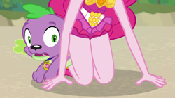 Size: 1920x1080 | Tagged: safe, screencap, pinkie pie, spike, spike the regular dog, dog, better together, equestria girls, forgotten friendship, caught, thighs