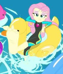 Size: 916x1080 | Tagged: safe, alternate version, edit, edited screencap, editor:grapefruitface, screencap, fluttershy, better together, equestria girls, i'm on a yacht, barefoot, big feet, clothes, cute, feet, floaty, flutterfeet, foot focus, geode of fauna, inflatable, inflatable toy, magical geodes, pool toy, shyabetes, soles, solo, splash, swimsuit, toes, wetsuit, wiggling toes