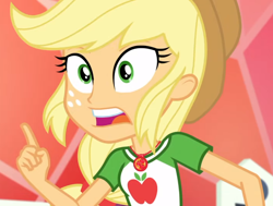 Size: 1002x756 | Tagged: safe, screencap, applejack, better together, constructive criticism, constructive criticism: rainbow dash, equestria girls, cropped, faic, geode of super strength, listen here you little, solo, teeth