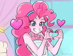 Size: 1075x827 | Tagged: safe, artist:keeerooooo1, pinkie pie, better together, equestria girls, the craft of cookies, apron, clothes, cute, diapinkes, floating heart, heart, heart hands, looking at you, scene interpretation, smiling, window