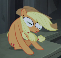 Size: 408x388 | Tagged: safe, screencap, applejack, earth pony, pony, castle mane-ia, applejack's hat, cowboy hat, cropped, excuse me what the fuck, faic, female, freeze frame, great moments in animation, hat, hypnotoad, mare, not salmon, reaction image, silly, silly pony, smear frame, solo, wat, who's a silly pony