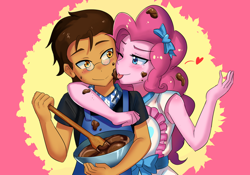 Size: 800x560 | Tagged: safe, artist:tzc, pinkie pie, oc, oc:copper plume, better together, equestria girls, the craft of cookies, anime, apron, baking, blushing, bow, bowl, canon x oc, chocolate, clothes, commission, commissioner:imperfectxiii, copperpie, craft, female, food, glasses, licking, male, neckerchief, one eye closed, shirt, spoon, straight, tongue out, wink, wooden spoon