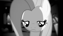 Size: 1191x670 | Tagged: safe, edit, edited screencap, editor:undeadponysoldier, screencap, fluttershy, pegasus, pony, putting your hoof down, black and white, depressed, female, fluttershy's cottage, grayscale, looking down, mare, monochrome, poor fluttershy, sad, shading, solo