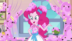 Size: 1280x720 | Tagged: safe, screencap, pinkie pie, better together, equestria girls, the craft of cookies, apron, clothes, cute, diapinkes, female, food, frosting, kitchen, open mouth, smiling, solo