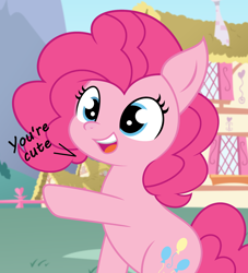 Size: 1600x1762 | Tagged: safe, artist:slb94, artist:tjpones, pinkie pie, earth pony, pony, best pony, cute, dialogue, diapinkes, female, happy, irony, mare, open mouth, pinkie pie is best pony, pointing, positive ponies, sitting, smiling, solo, text