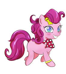 Size: 1500x1700 | Tagged: safe, artist:toughbluff, strawberry parchment, earth pony, pony, stranger than fan fiction, clothes, colored pupils, cosplay, costume, cute, female, filly, grin, happy, looking at you, scarf, simple background, smiling, solo, walking, white background