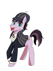 Size: 3000x4000 | Tagged: safe, artist:toughbluff, earth pony, pony, colored pupils, deerstalker, hat, looking at you, male, open mouth, ponified, raised hoof, sherlock holmes, simple background, solo, stallion, white background