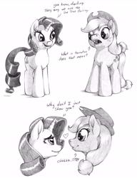 Size: 5264x6840 | Tagged: safe, artist:stallionslaughter, applejack, rarity, earth pony, pony, unicorn, absurd resolution, comic, cowboy hat, cute, female, freckles, hat, heart, lesbian, mare, meme, monochrome, otp, rarijack, shipping, stetson, traditional art