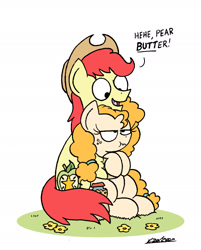 Size: 1441x1792 | Tagged: safe, artist:bobthedalek, bright mac, pear butter, earth pony, pony, the perfect pear, brightbutter, cute, dialogue, female, hug, looking down, male, pear butt, pear butt-er, scrunchy face, shipping, simple background, sitting, smiling, straight, unamused, white background