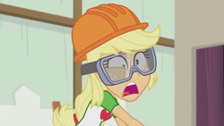 Size: 1280x720 | Tagged: safe, screencap, applejack, better together, constructive criticism, equestria girls, faic, goggles, hard hat, ouch, pain, safety goggles, solo