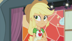 Size: 1280x720 | Tagged: safe, screencap, applejack, better together, constructive criticism, equestria girls, bandage, broken hand, geode of super strength, solo