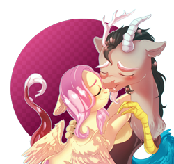 Size: 2616x2469 | Tagged: safe, artist:rizzych, discord, fluttershy, draconequus, pegasus, pony, boop, cute, discoshy, discute, eyes closed, female, male, noseboop, shipping, simple background, straight