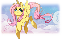 Size: 1000x635 | Tagged: safe, artist:stutterling, fluttershy, pegasus, pony, cloud, flying, solo