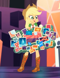 Size: 487x630 | Tagged: safe, screencap, applejack, better together, constructive criticism, constructive criticism: rainbow dash, equestria girls, boots, cowboy hat, cropped, female, geode of super strength, hat, shoes