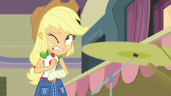 Size: 1280x720 | Tagged: safe, screencap, applejack, better together, constructive criticism, constructive criticism: pinkie pie, equestria girls, arm cast, bandage, broken hand, cymbals, geode of super strength