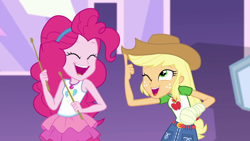 Size: 1280x720 | Tagged: safe, screencap, applejack, pinkie pie, better together, constructive criticism, constructive criticism: pinkie pie, equestria girls, bandage, broken hand, drumsticks, duo, female, geode of sugar bombs, geode of super strength