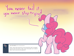 Size: 1280x960 | Tagged: safe, artist:heir-of-rick, pinkie pie, earth pony, pony, ask, balloonbutt, butt, chalkzone, dialogue, female, gradient background, mare, mask, motivational, plot, raised hoof, rear view, snaponka, snappy pie, solo, sunset, tumblr, underhoof