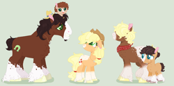 Size: 1024x506 | Tagged: safe, artist:givolpon, applejack, trouble shoes, oc, oc:flower, oc:grape juice, oc:honey pot, earth pony, pony, alternate design, baby, baby pony, blaze (coat marking), chest fluff, coat markings, colt, family, female, filly, green background, hair over eyes, male, offspring, parent:applejack, parent:trouble shoes, parents:troublejack, pony hat, shipping, simple background, socks (coat marking), straight, troublejack, unshorn fetlocks