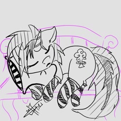 Size: 400x400 | Tagged: safe, artist:krev, oc, oc only, oc:frenzy nuke, pony, unicorn, clothes, digital art, monochrome, pillow, simple background, sketch, sleeping, socks, striped socks, white background