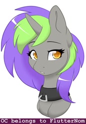 Size: 354x512 | Tagged: safe, artist:heartscharm, oc, oc only, oc:frenzy nuke, pony, unicorn, bust, collar, female, mare, portrait, simple background, solo, text, white background