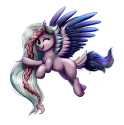 Size: 1564x1579 | Tagged: safe, artist:confetticakez, oc, oc only, original species, pegasus, braid, female, flying, mare, simple background, smiling, solo, white background