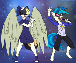 Size: 1400x1164 | Tagged: safe, artist:kaemantis, dj pon-3, songbird serenade, vinyl scratch, anthro, pegasus, unguligrade anthro, unicorn, my little pony: the movie, duet, female, large wings, microphone, open mouth, wings