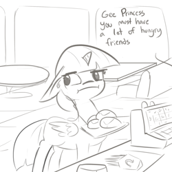 Size: 1650x1650 | Tagged: safe, artist:tjpones, twilight sparkle, twilight sparkle (alicorn), alicorn, pony, :i, burger, cash register, dialogue, ear fluff, fast food, floppy ears, food, french fries, grayscale, looking away, monochrome, restaurant, simple background, solo, tablet, that pony sure does love burgers, tray, twilight burgkle, twilight is not amused, unamused, white background